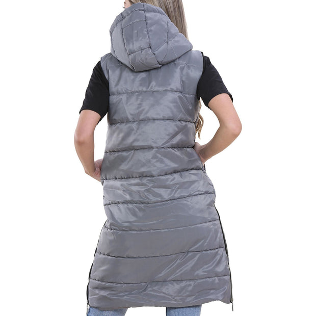 A2Z Ladies Adults Steel Grey Hooded Quilted Gilet Sleeveless Oversized Padded Gilet Long Line Vest Jacket Sleeveless Coat Urban Winter Wear S-4XL