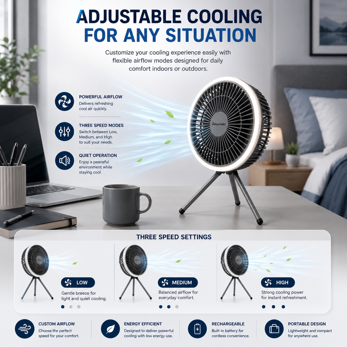 7 Inch USB Desk Fan with LED Light Portable Tripod Stand 3 Speeds Camping Fan
