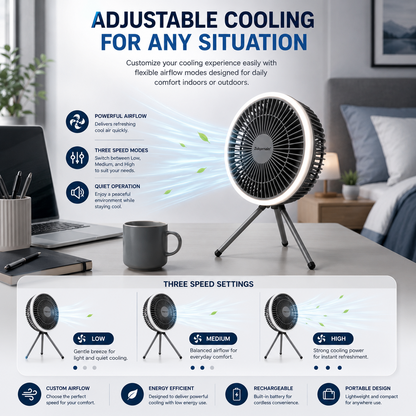 7 Inch USB Desk Fan with LED Light Portable Tripod Stand 3 Speeds Camping Fan