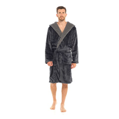 Mens Flannel Fleece Hooded Dressing Gown Sherpa Lined Robe with Belt & Pockets