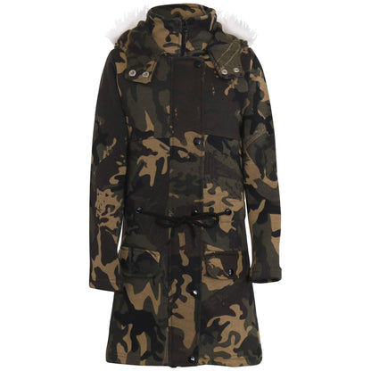 A2Z 4 Kids Camouflage Green Parka Jacket Faux Fur Hooded Coat Drawstring Waist Fashion Girls Age 5-13 Years