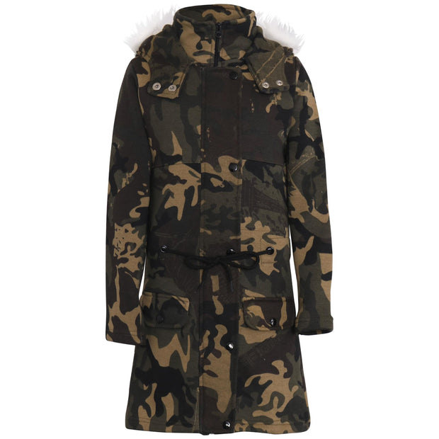 A2Z 4 Kids Camouflage Green Parka Jacket Faux Fur Hooded Coat Drawstring Waist Fashion Girls Age 5-13 Years