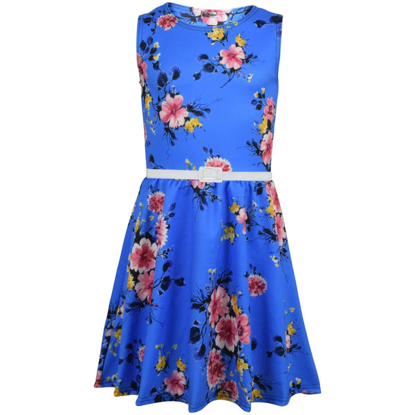 Kids Girls Skater Dress Sleeveless Party Fashion Royal Blue Floral Summer Dress