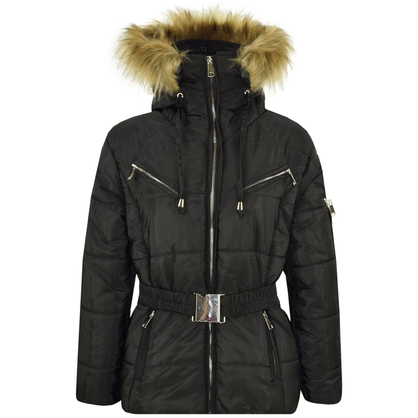 Kids Girls Jacket Puffer Hooded Faux Fur Padded Zipped Belted Slim Fit Warm Coat