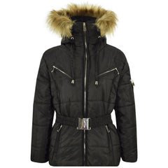 Kids Girls Jacket Puffer Hooded Faux Fur Padded Zipped Belted Slim Fit Warm Coat