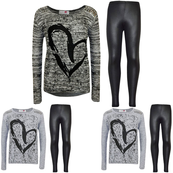 Kids Girls HEART Printed Trendy Top & Stylish Fashion Legging Set Age 7-13 Years