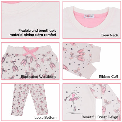 A2Z 4 Kids Girls Ballerina Print Children PJs 2 Piece Cotton Set Lounge Suit Nightwear Sleepwear Top Bottom Pyjamas Loungewear Dress Up Outfit Set Gifts for Children & Girls Age 2-13 Years