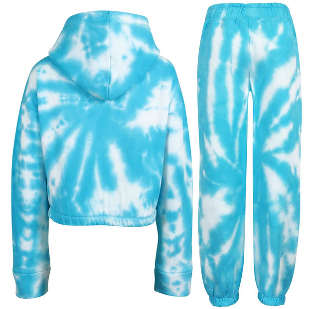 A2Z 4 Kids Tie Dye Blue Tracksuit Cropped Hoodie with Jogger Sweatpants Gym Sports Activewear Cord Set Girls Children Age 5-13 years