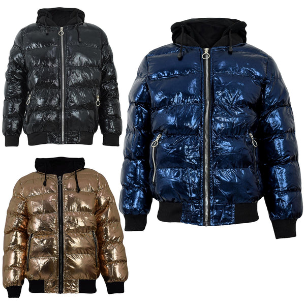 Kids Girls Boys Fashion Shiny Padded Jacket Metallic Wet Look Bubble Coat