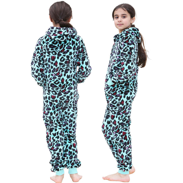 A2Z 4 Kids Girls Onesie Leopard Pyjama Sets Onesie One Piece Hooded All In One