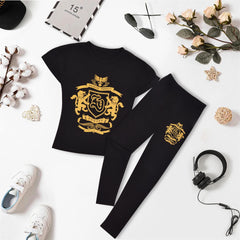 Girls Top Kids Short sleeves Varsity Lion Print T Shirt & Legging Outfit Set