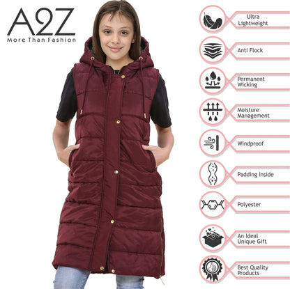 Kids Girls Oversized Gilet Long Line Hooded Quilted Jacket Long Sleeveless Coat