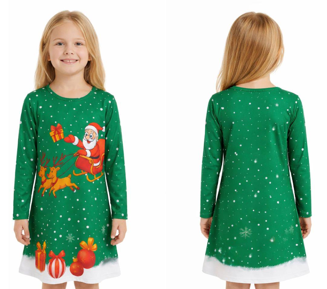 Girls Christmas Swing Dress Santa Sleigh Print Long Sleeve Party Dress Outfit