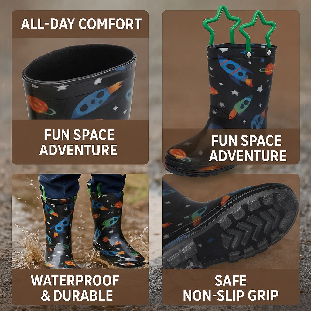 A2Z 4 Kids Boys Girls Wellington Boots Space Rocket Wellies PVC Waterproof Shoes