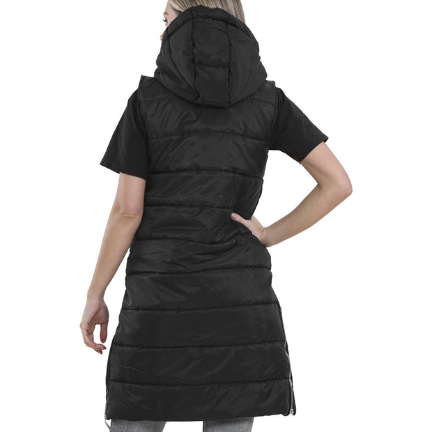 Ladies Sleeveless Gilet Oversized Hooded Quilted Gilet Padded Long Line Coat