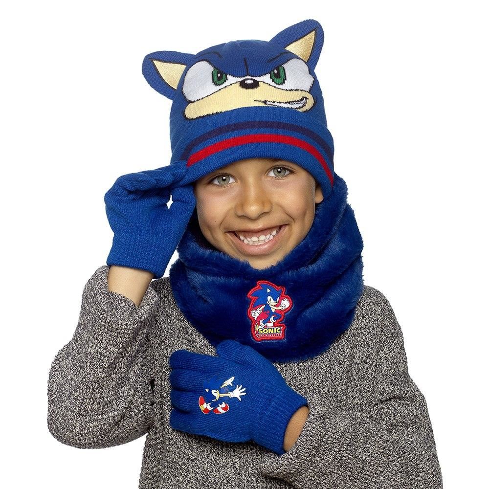 Sonic Boys Hat Gloves Snood Set Royal Blue Winter 3 Piece Officially Licensed