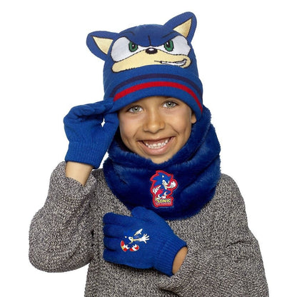 Sonic Boys Hat Gloves Snood Set Royal Blue Winter 3 Piece Officially Licensed