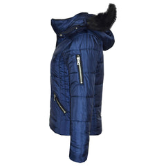 Girls Puffer Jacket Quilted Winter Coat Faux Fur Hood Warm Padded Zipped Coat