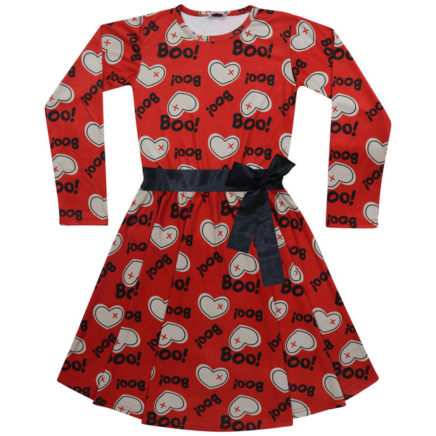 A2Z Kids Girls Skater Dress Long Sleeves Hearts Print Soft Comfortable Contrast Halloween Party Fashion Dresses Age 5-6, 7-8, 9-10, 11-12 & 13 years - A2Z 4 Kids