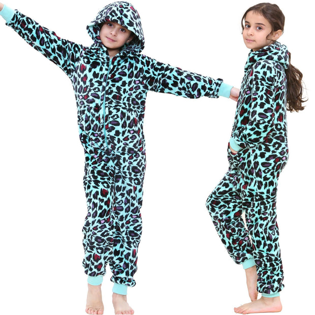 A2Z 4 Kids Girls Onesie Leopard Pyjama Sets Onesie One Piece Hooded All In One