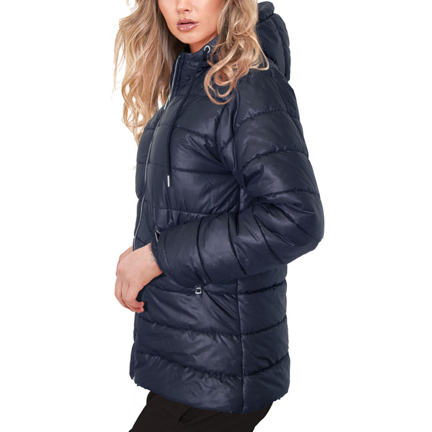 Mens Ladies Zipped Pockets Jacket Navy Puffer Jacket Long Sleeves Coat S-2XL