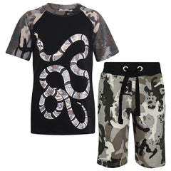 Kids Snake Camo Print Top & Shorts Set Active Wear Girls Boys Age 5-13 years