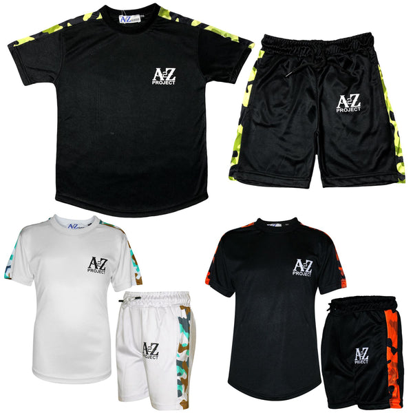 Kids A2Z Project Camo Print Panel Top & Shorts Set Sports Girls Boys Age 5-13