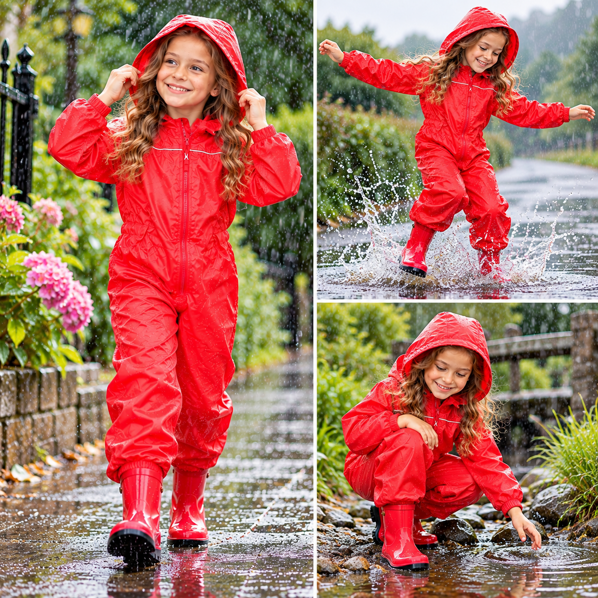 Girls Boys Raincoat Kids Puddle Suit Rainwear Waterproof Hooded Rainsuit 2-13 Yr