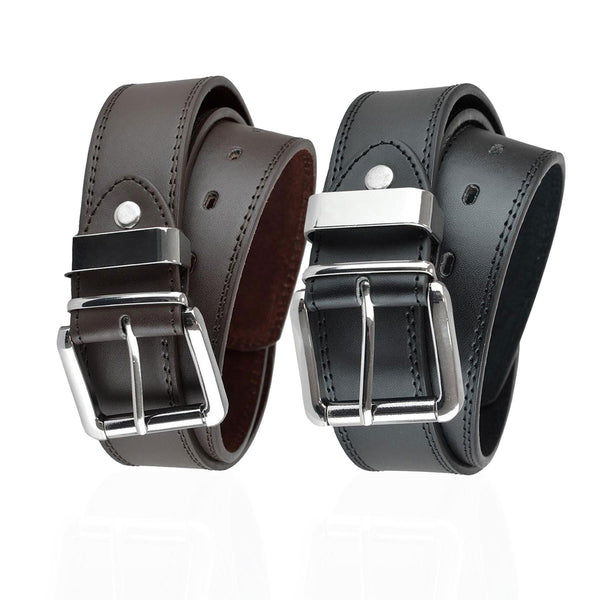 Mens Belt Alloy Pin Buckle Belt 2 Pack Double Stitched Leather Lined Jeans Belts