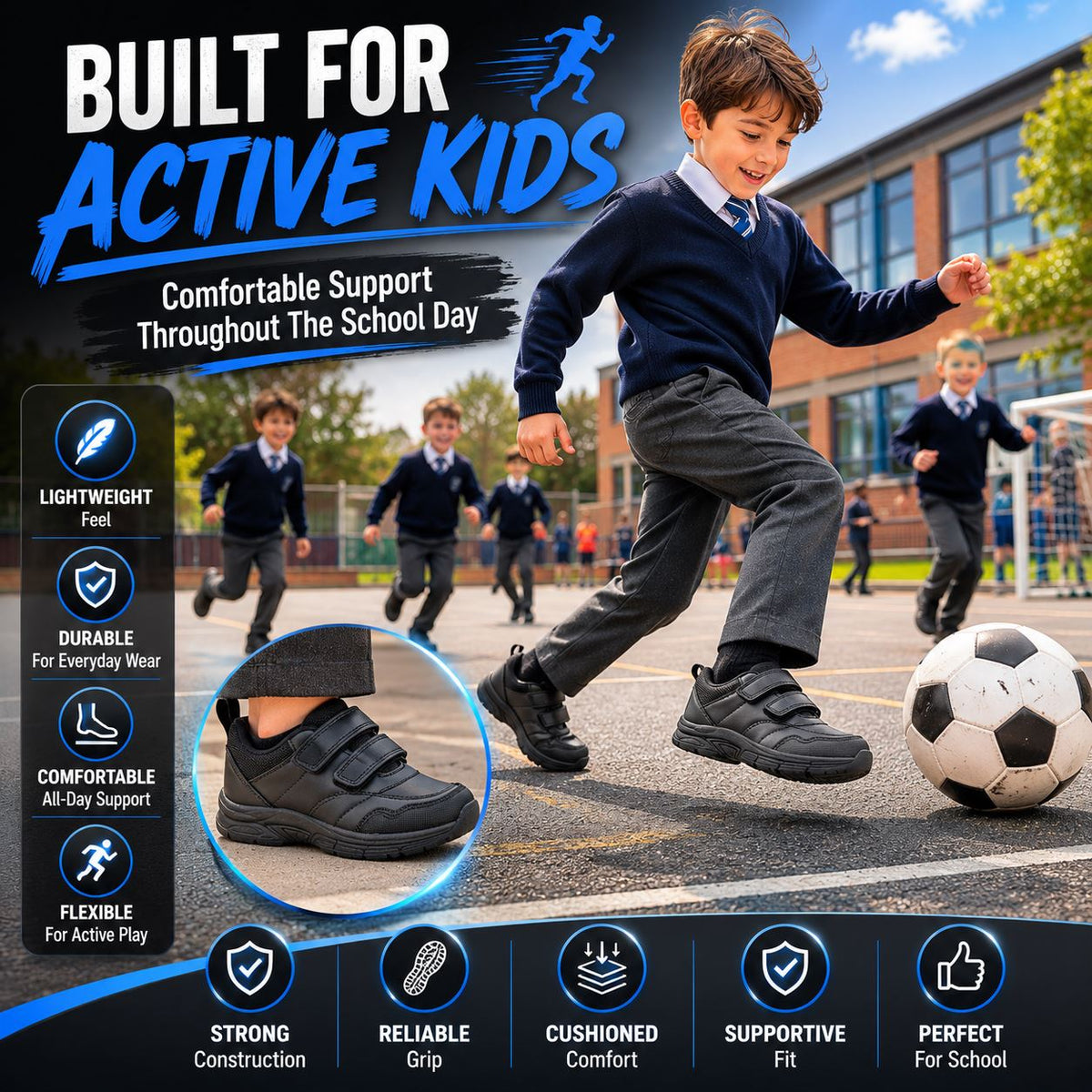 Kids Phantom Boys School Shoes Twin Touch Fastening Black School Uniform Shoes