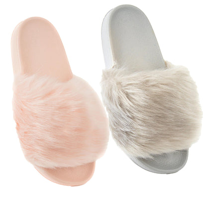Womens Fluffy Fur Slipper Open Toe Slip-On Fashion Sliders for Ladies Sandals