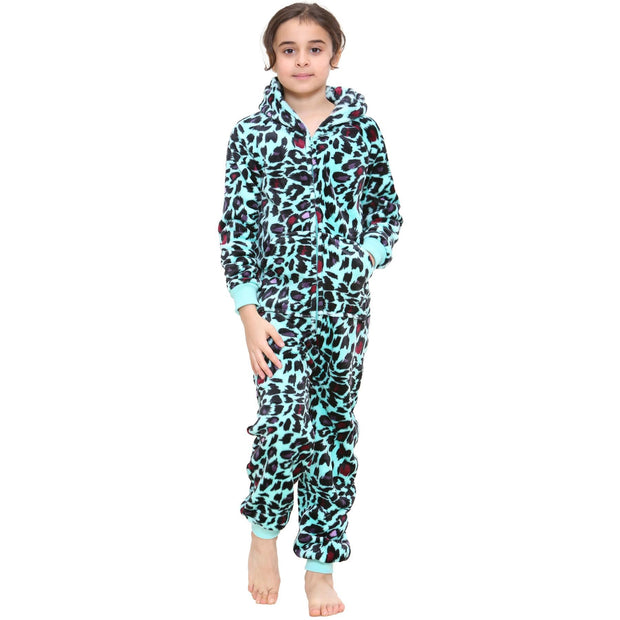 A2Z 4 Kids Girls Onesie Leopard Pyjama Sets Onesie One Piece Hooded All In One