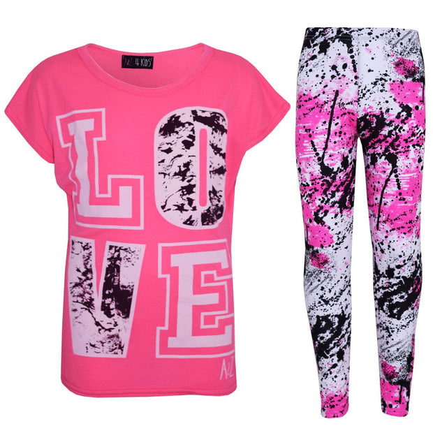 A2Z 4 Kids Girls Love Print Top Short Sleeve T-Shirt & Splash Print Fashion Leggings Set Age 5-13 years