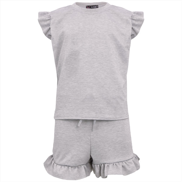 Kids Girls Flared Cap Sleeves Crop Top Plain Color T Shirt Top & Hot Shorts Set