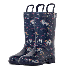 Kids Girls Wellington Wellies Anti-Slip Waterproof Rain Boots With Carry Handles