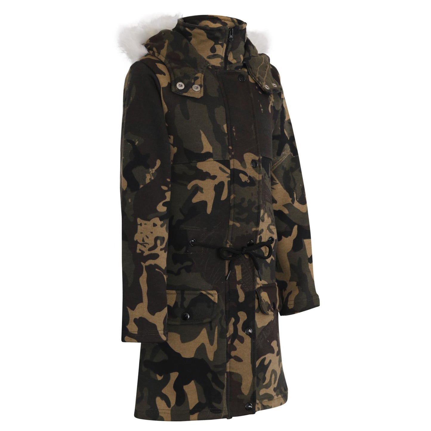 Kids Hooded Camo Parka Jacket Faux Fur Coat For Girls Age 5-13 Years