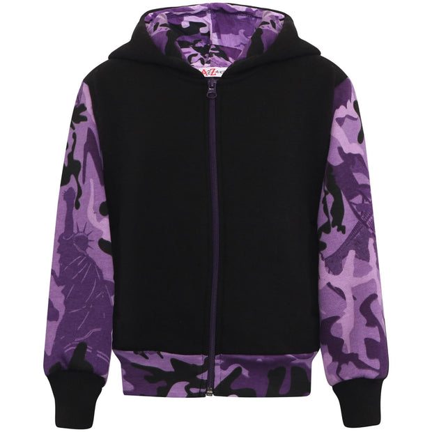 A2Z 4 Kids Girls Plain And Camo Purple Print Fleece Tracksuit Contrast Hoodie With Joggers Jogging Suit Sweatpants Gymwear Activewear Set Childrens Age 2 3 4 5 6 7 8 9 10 11 12 13 Years