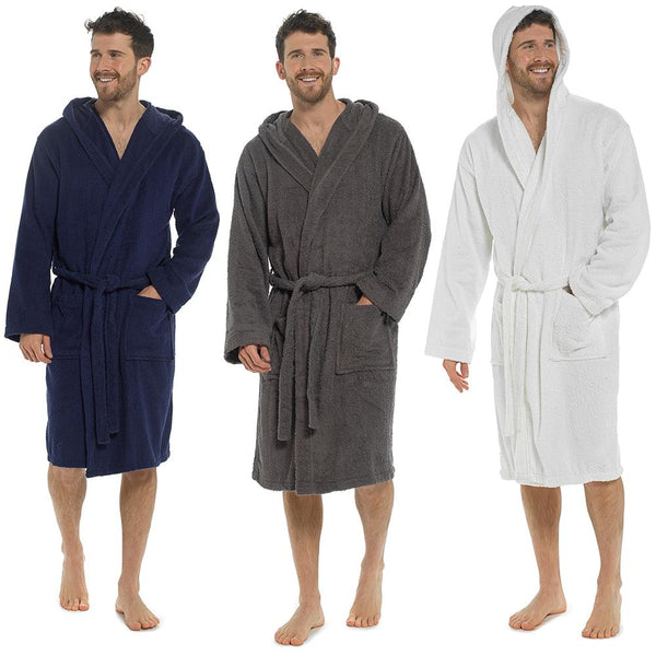 Mens Hooded Towelling Robe Soft Cotton Absorbent Bathrobe with Belt Deep Pockets