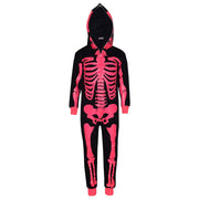 Kids Girls Boys Skeleton Print Pyjama Onesie Neon Pink All In One Halloween Costume - A2Z 4 Kids