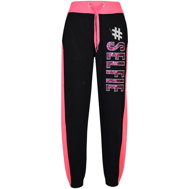 A2Z 4 Kids #SELFIE Tracksuit Sequin Embroidered Black & Neon Pink Hoodie with Jogger Sweatpants Sports Casual Fashion Activewear Set Girls Boys Childrens Age 5-13 years