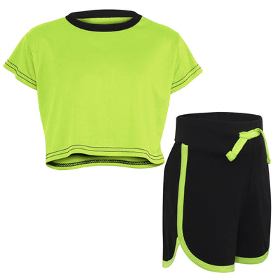 A2Z 4 Kids Black and Neon Green Crop Top And Shorts Set Contrast Colour Short Sleeves T Shirt Summer Outfit 2 Piece Activewear Girls Boys Age 5-13 years