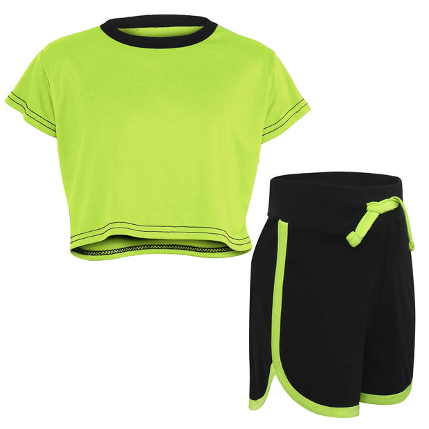 A2Z 4 Kids Black and Neon Green Crop Top And Shorts Set Contrast Colour Short Sleeves T Shirt Summer Outfit 2 Piece Activewear Girls Boys Age 5-13 years