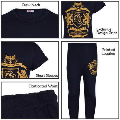 Girls Top Kids Short sleeves Varsity Lion Print T Shirt & Legging Outfit Set