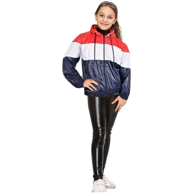 Kids Girls Boys Windbreaker Contrast Color Block Navy Hooded Jacket Rainmac Coat