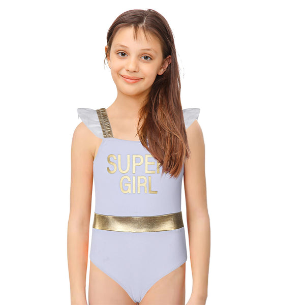 Kids Girls One Piece Swimsuit Gold Trim Super Girl Beach Surfing Swimwear 2-14