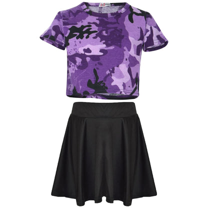 A2Z 4 Kids Camouflage Crop Top & Skater Skirt Set Short Sleeves T Shirt Summer Outfit 2 Piece Activewear For Girls Age 5-13 years