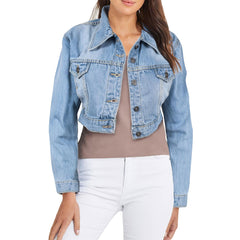 Ladies Women Fashion Cropped Denim Jacket Jean Long Sleeve Jacket Size 8-20