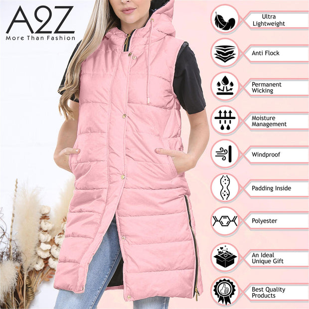 A2Z Ladies Adults Sleeveless Gilet Oversized Hooded Baby Pink Quilted Gilet Padded Long Line Vest Jacket Sleeveless Coat Urban Winter Wear