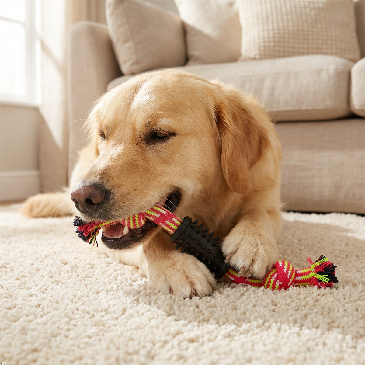 A2Z Knotted Dog Rope Chew Toy With Rubber Grip For Tug And Fetch Play