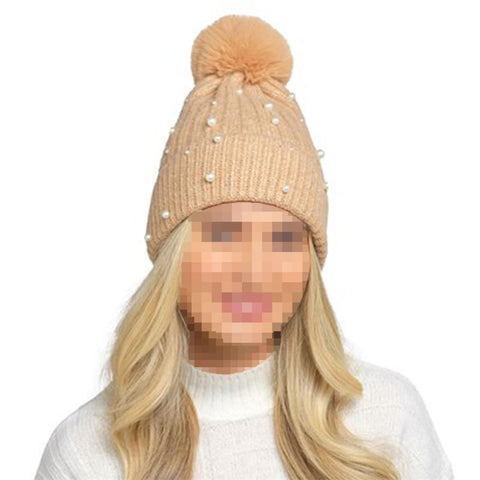 A2Z Ladies Hat Ribbed Pearls Knit Bobble Pom Pom Winter Warm Cozy Women Hats